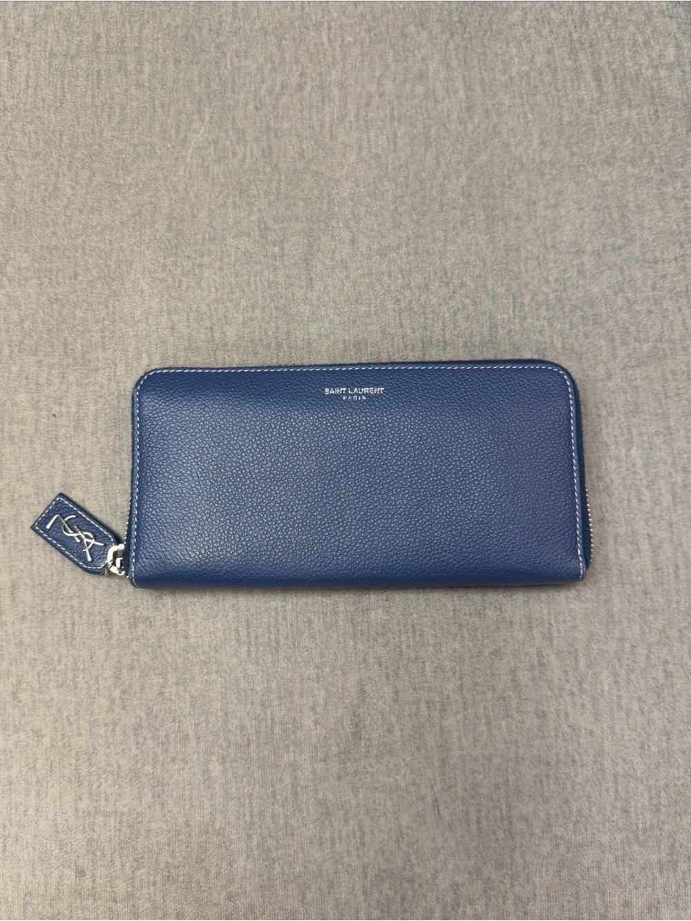 Saint Laurent Blue Pebbled Leather Zip Wallet with YSL Tag
